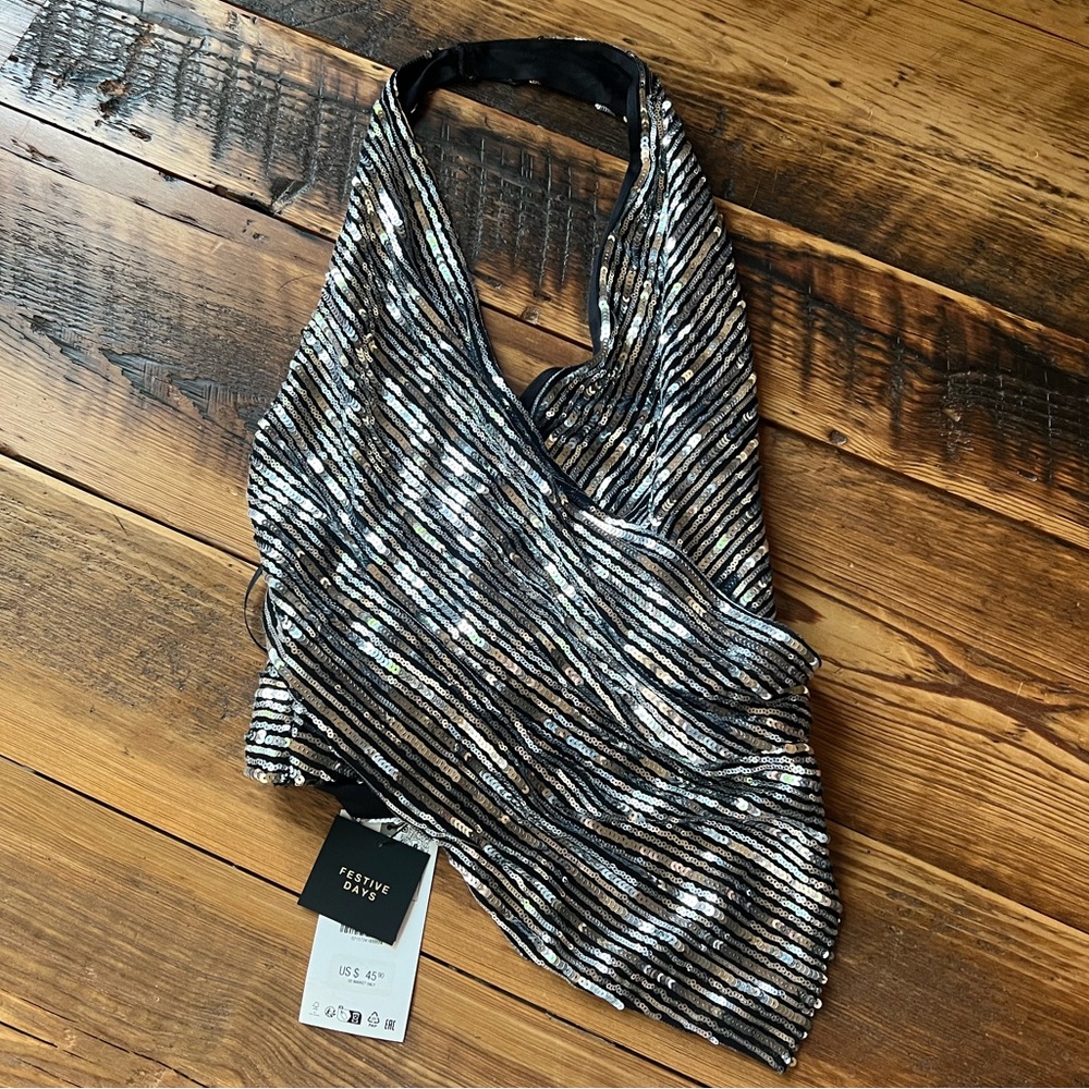 Zara NWT Silver Sequined Top